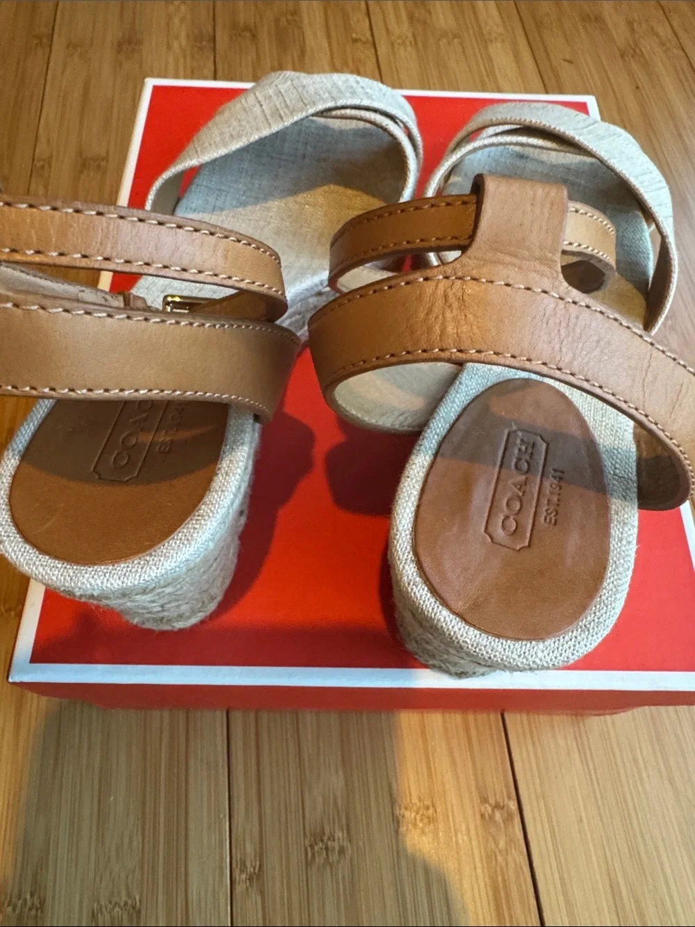 Coach Neutral Linen Espadrille Wedges with Brown Leather Ankle Straps